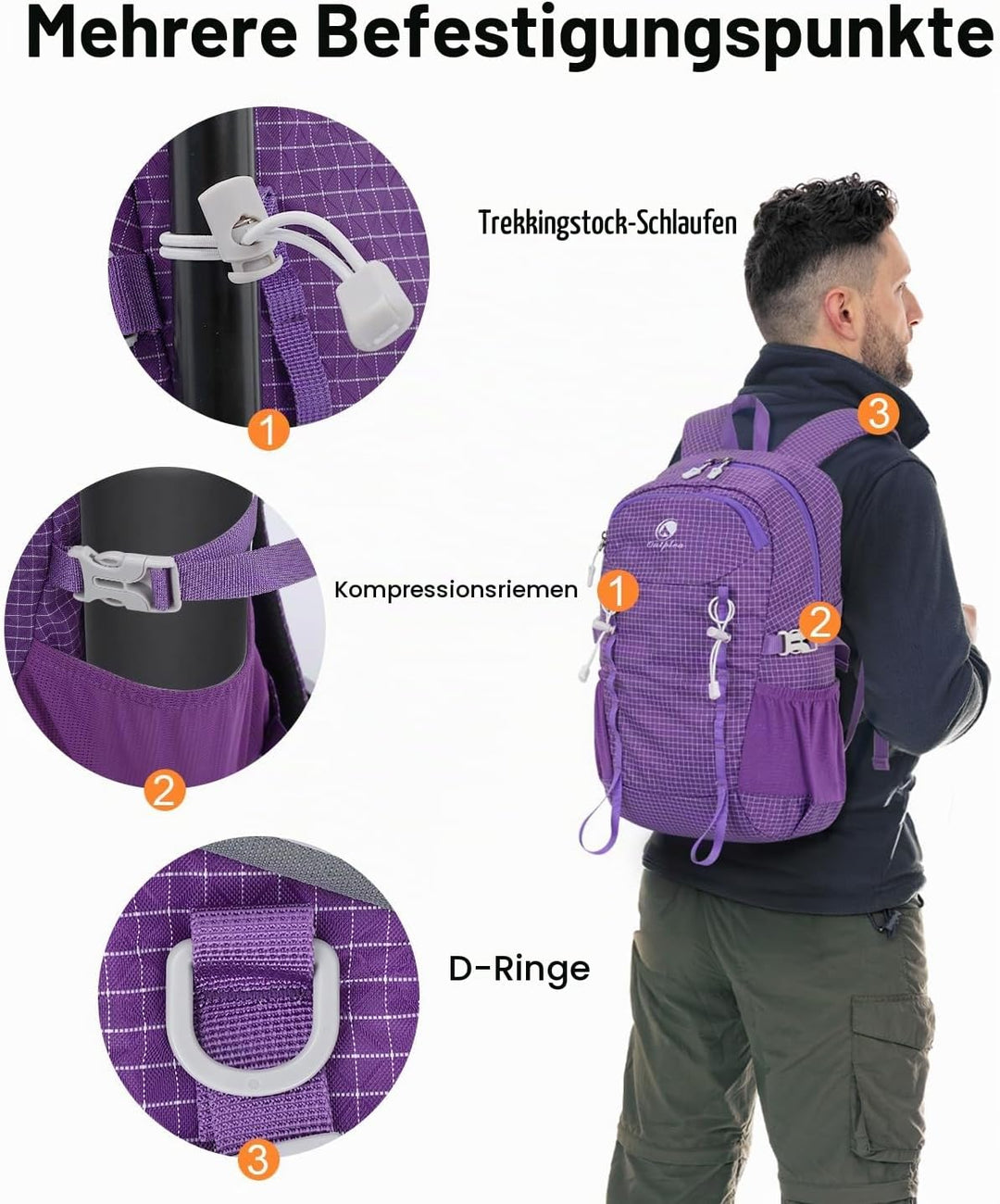 20L Klein Wanderrucksack Damen Herren, Leicht Tagesrucksack mit Rückenbelüftung 3D Air Mesh, Daypack