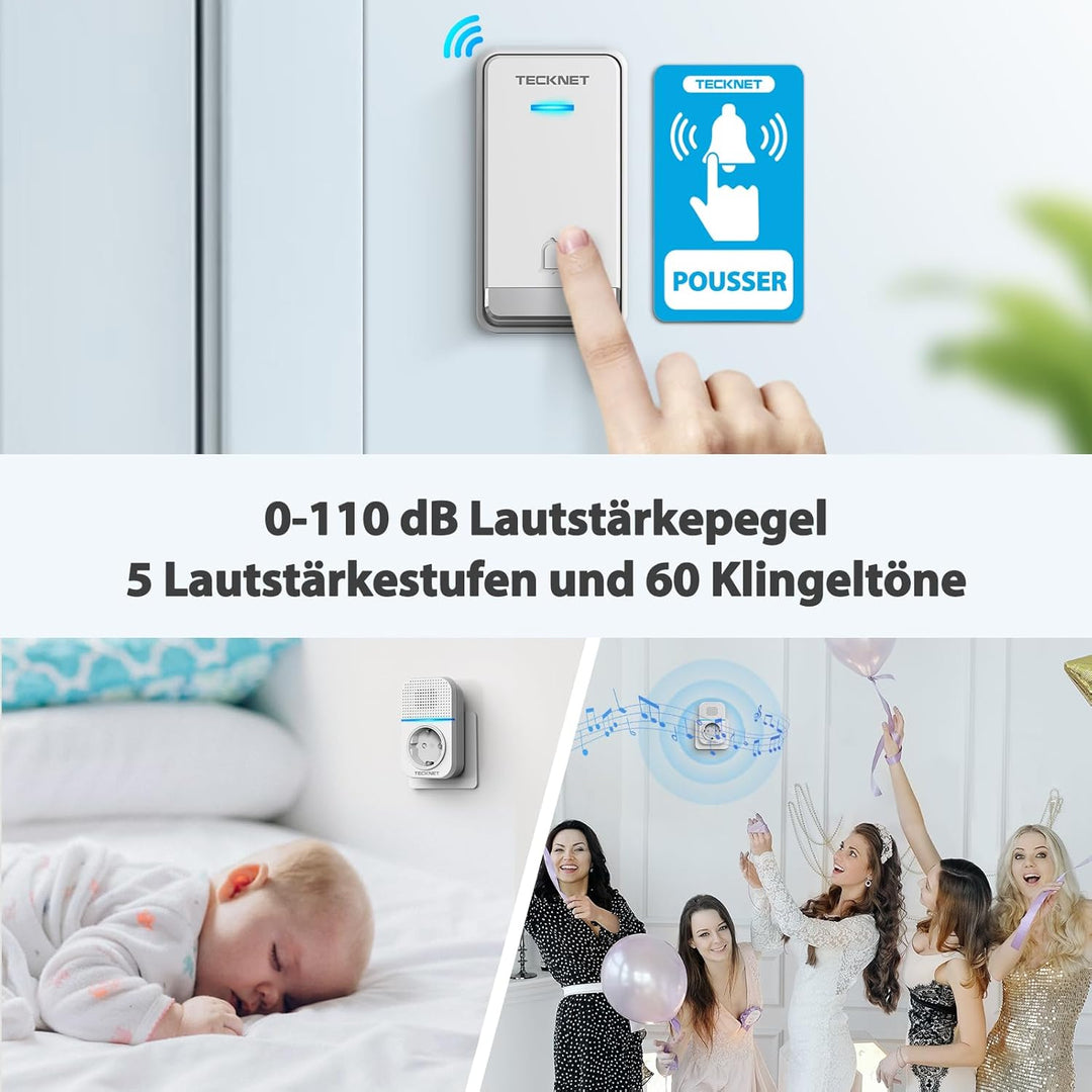 TECKNET Kabellose Türklingel Batterielose, Steckdosen-Funkklingel Wasserdicht Drahtloses Funk Türkli