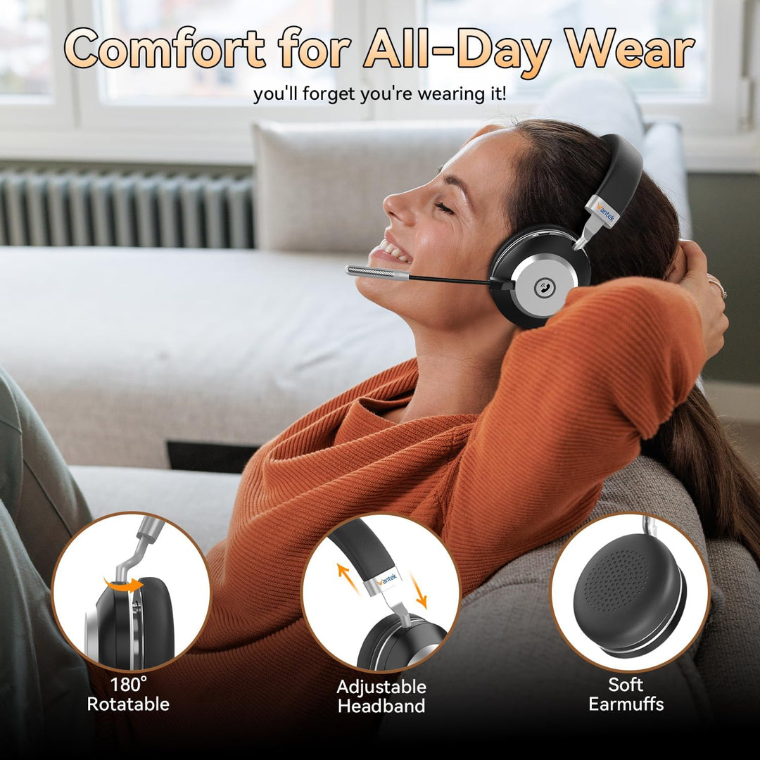 Wantek Wireless Business Headset mit Noise-Cancelling Mikrofon & Ladestation – Bluetooth 5.3 & 2.4GH
