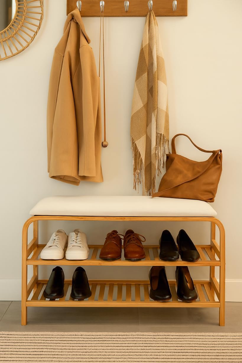 Bambus Schuhregal Schuhregal aus Bambus mit Sitzbank Schuhbank mit Sitzkissen und Schublade Sitzbank