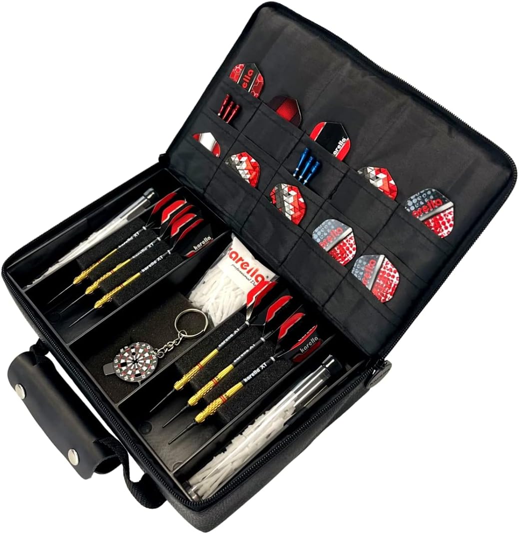Karella Darttasche Master PAK,Lederoptik, schwarz, perfekte Aufbewahrung für bis 3 Set Darts und vie