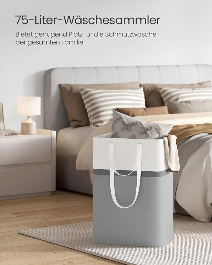 SONGMICS Wäschekorb 2er Set, 75 L Wäschesammler faltbar, mit kurzen und langen Griffen, leicht zu tr
