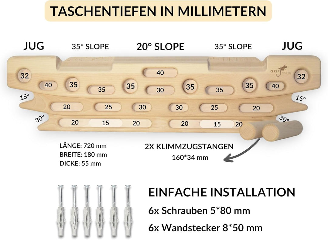 FingerPeg 1.0 Hangboard - Kletterbrett - Fingerboard - Pegboard Griffe - Buchenholz der Klasse A - m