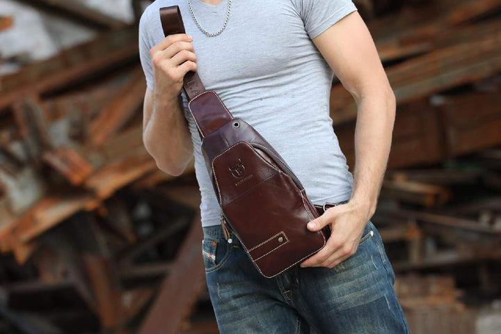 BULLCAPTAIN Herren Tasche Leder Sling Bag Schulter Rucksack Schultertasche Brusttasche Wasserresiste