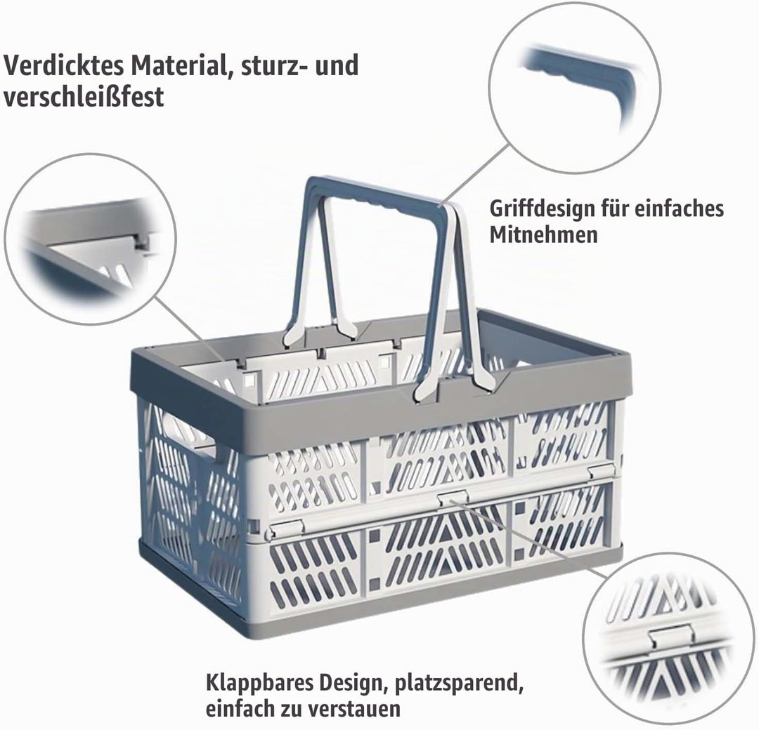2 Stück Korb,Faltbarer klappbox klein,Camping Klappbox Plastik mit Henkel,Einkaufskorb Faltbar,Einka
