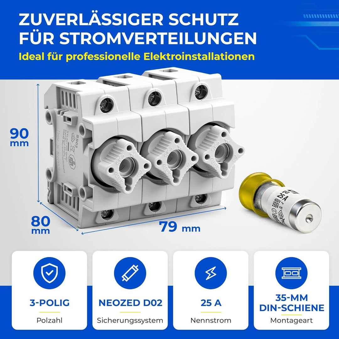 grenda-hammer® | Neozed Sicherungssockel mit Schraubkappen und 3x Schmelzsicherungen (D02-3x25 Ampèr