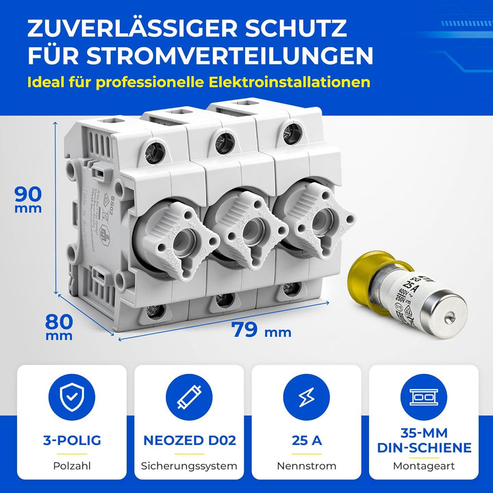 grenda-hammer® | Neozed Sicherungssockel mit Schraubkappen und 3x Schmelzsicherungen (D02-3x25 Ampèr