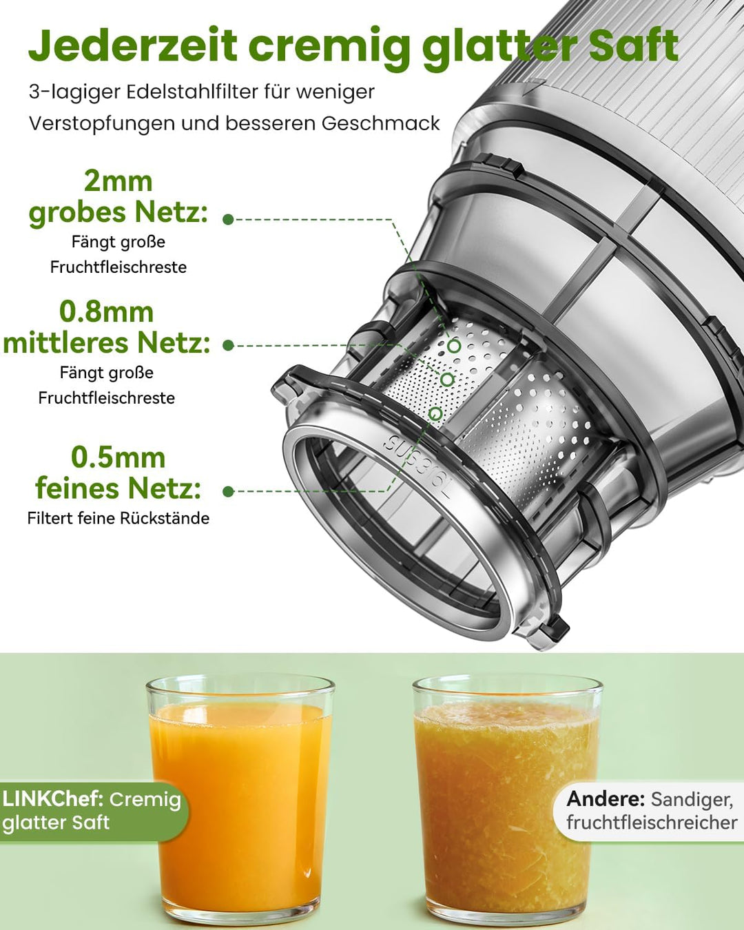 LINKChef Entsafter Slow Juicer, 130MM Öffnung und 1,8L Entsafter für Ganze Gemüse und Obst, Juicer M
