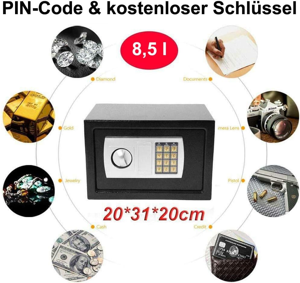 Tresor 31x20x20cm Elektronischer Safe, Elektronik Zahlenschloss Doppelstahlbolzen Montagematerial Sa