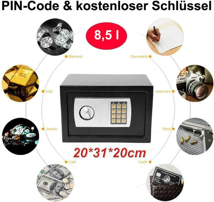 Tresor 31x20x20cm Elektronischer Safe, Elektronik Zahlenschloss Doppelstahlbolzen Montagematerial Sa