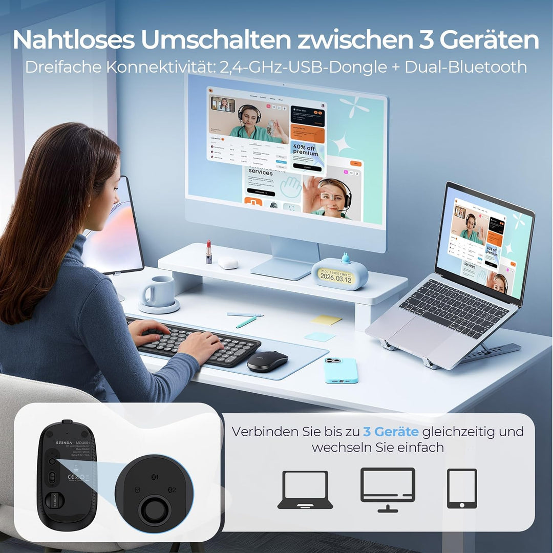 seenda MOU001 Bluetooth Maus, USB + Dual-Bluetooth 3 Geräte Verbindung, Maus Kabellos mit 3 DPI-Stuf