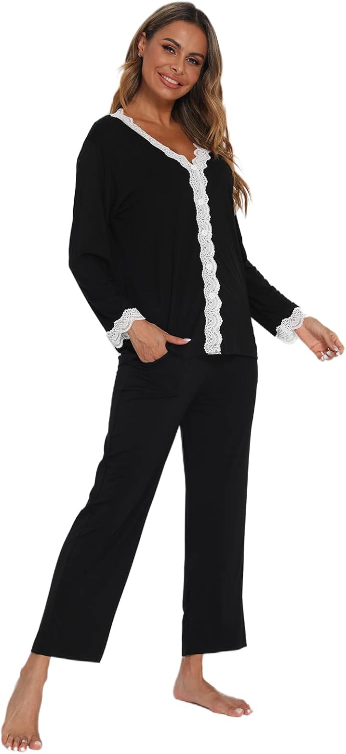 Jecarden Damen Schlafanzug mit Spitze Lang - Damen Pyjama Set Winter Langärmelig Nachtwäsche Zweitei