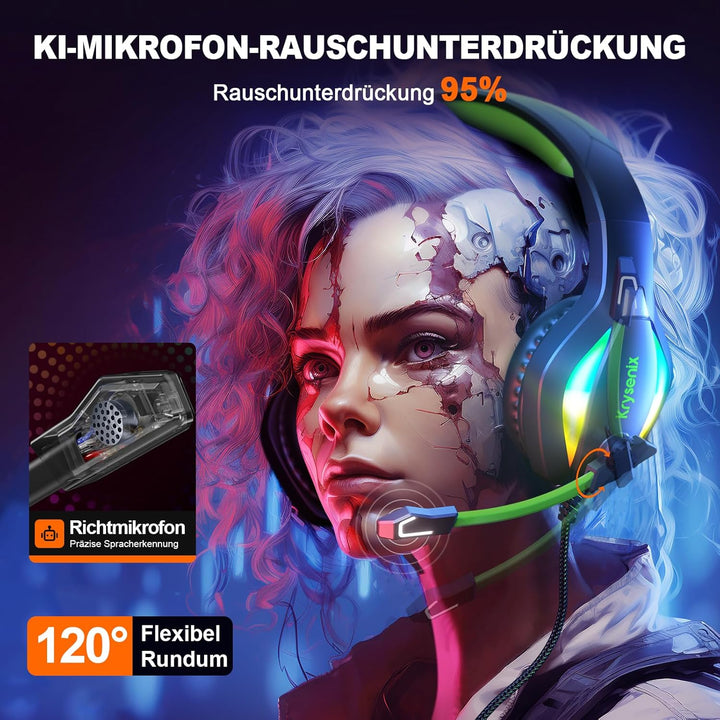 Krysenix PG1 RGB Gaming Headset für PS4, PS5, PC, Xbox,Switch, Kabel Gaming Kopfhörer mit LED Licht,