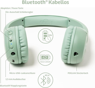 POGS Bluetooth Kopfhörer Kinder | The Gecko | Faltbare robuste Kinder Kopfhörer ab 3 Jahren mit Laut