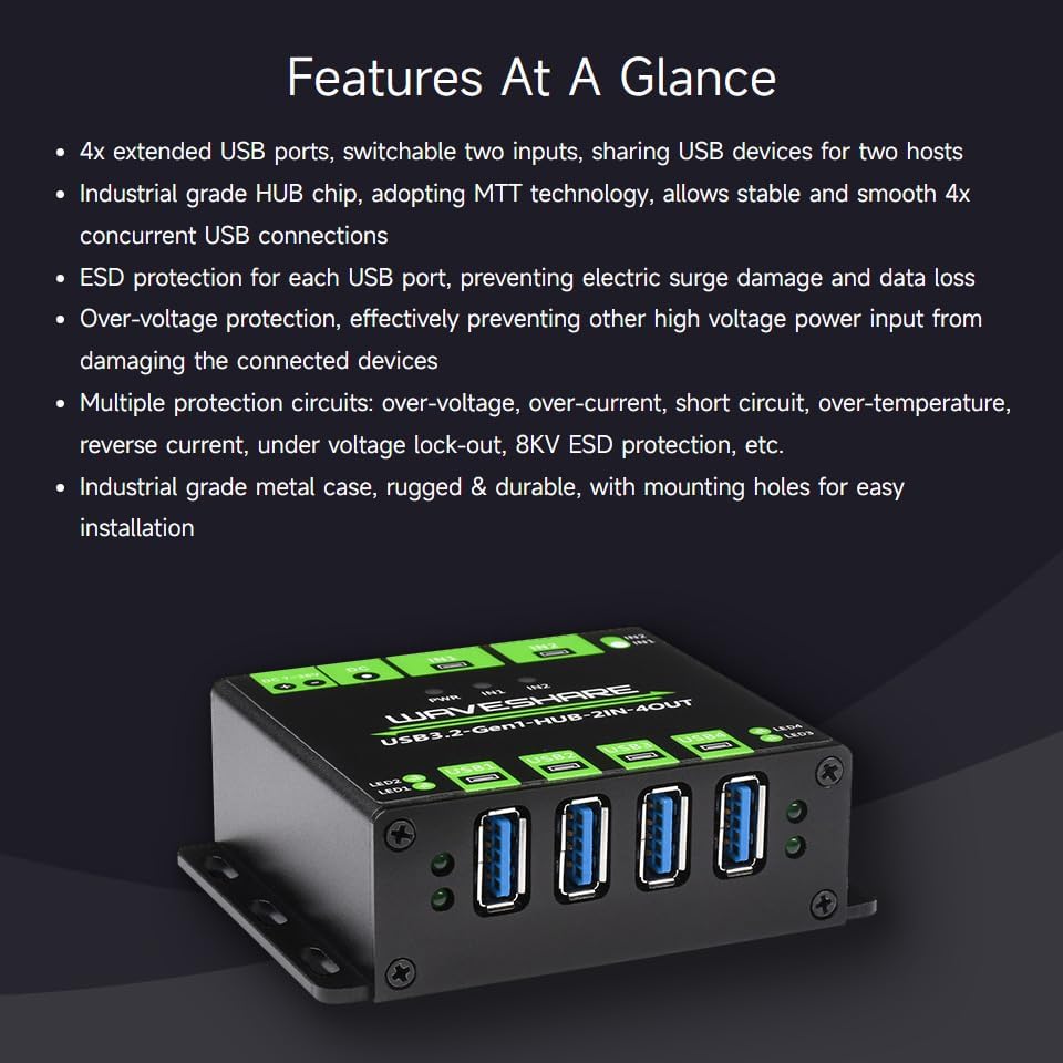 Waveshare Industrial Grade USB HUB, Extending 4X USB 3.2 Ports, Switchable Dual Hosts, Multi Protect