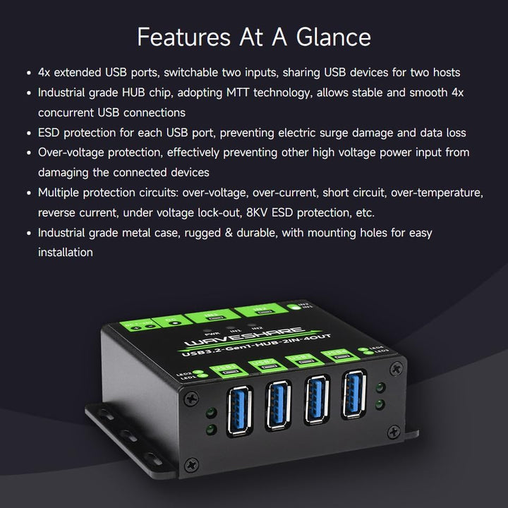 Waveshare Industrial Grade USB HUB, Extending 4X USB 3.2 Ports, Switchable Dual Hosts, Multi Protect