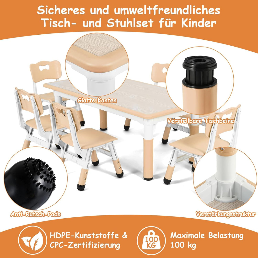 MAMIZO Kindertisch Packung mit 6 Stühlen, Kindertischgruppe Höhenverstellbar, Kinder Tisch Stuhl Set