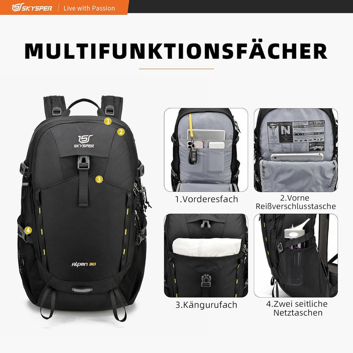 SKYSPER Wanderrucksack 30L Trekkingrucksack Wasserfest mit Rückenbelüftung und Netzrücken Tagesausfl