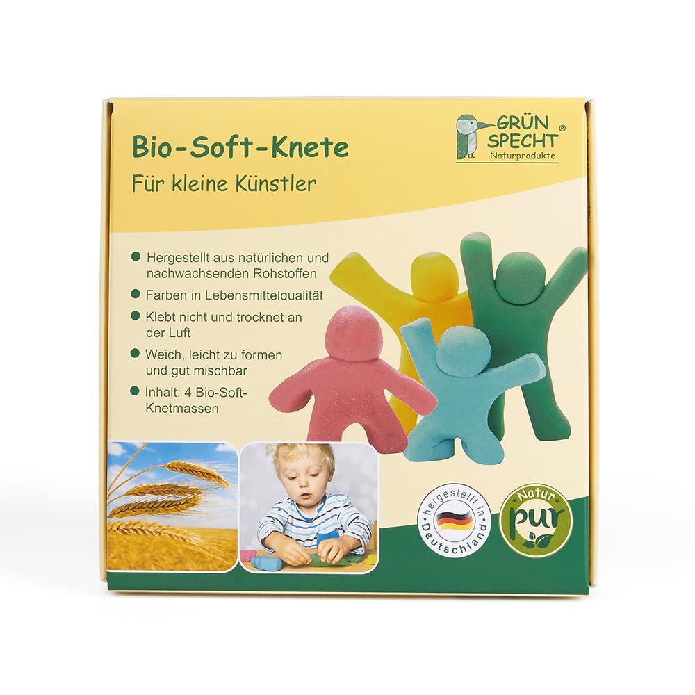GRÜNSPECHT Bio-Soft-Knete, 4 Farben aus natürlichen Rohstoffen, Lebensmittelqualität, weich, mischba