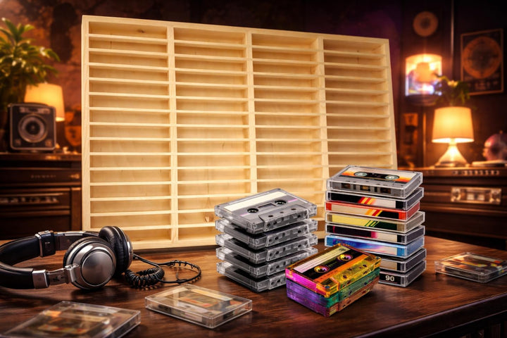 FabaCare MC-Kassetten Regal aus Holz – 60 Fächer, Sammler-Display für Audiokassetten, Musikkassetten