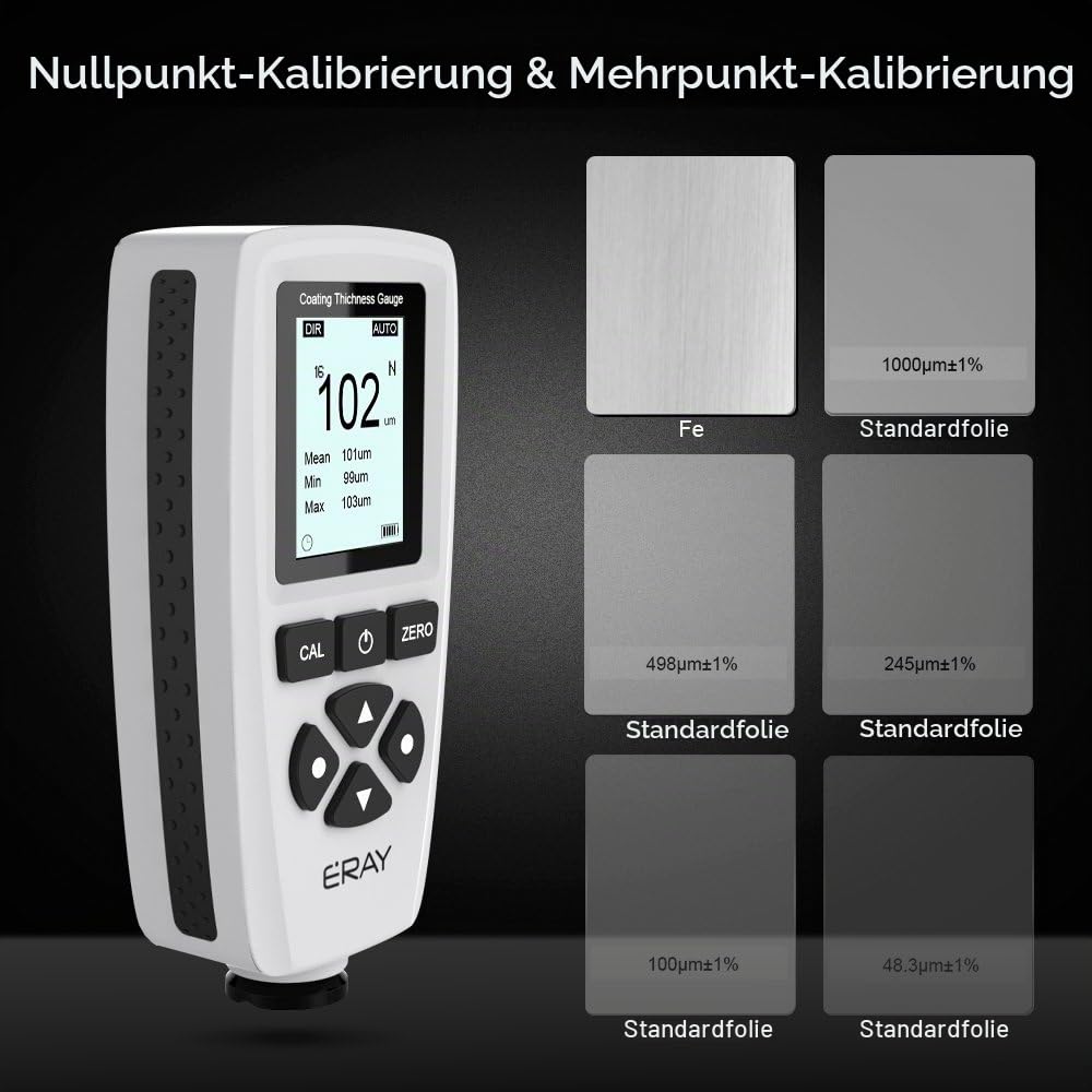 ERAY Schichtdickenmessgerät mit Hintergrundbeleuchtung LCD-Anzeige, Lackschichtenmesser inklusive Ko