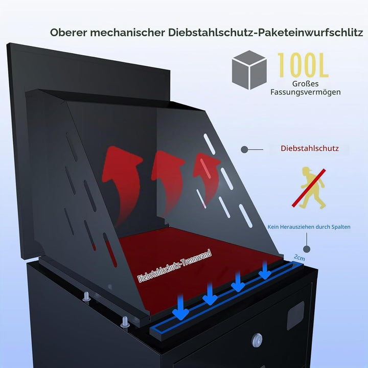 Paketbox Briefkasten Mit Paketfach Brieffächer, Verstellbare Stützhöhe 8-12 cm, Diebstahlsicherung,