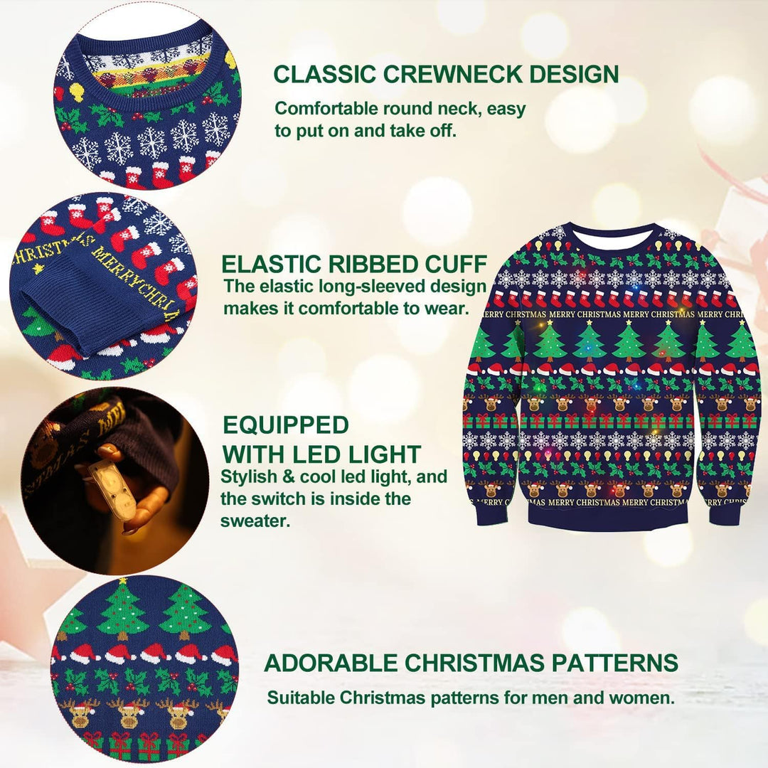 Belovecol Unisex Weihnachtspullover LED Ugly Christmas Sweater Pullover Langarm Strickpullover L Chr