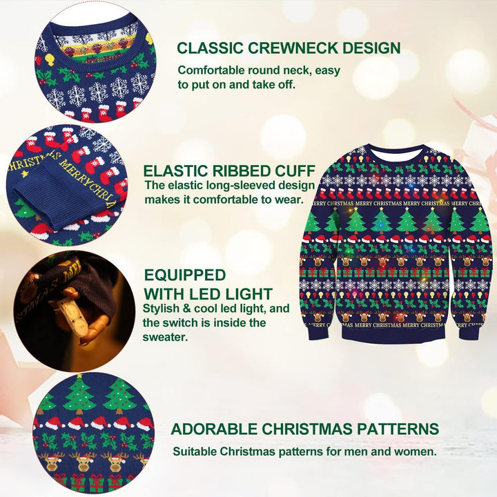 Belovecol Unisex Weihnachtspullover LED Ugly Christmas Sweater Pullover Langarm Strickpullover L Chr