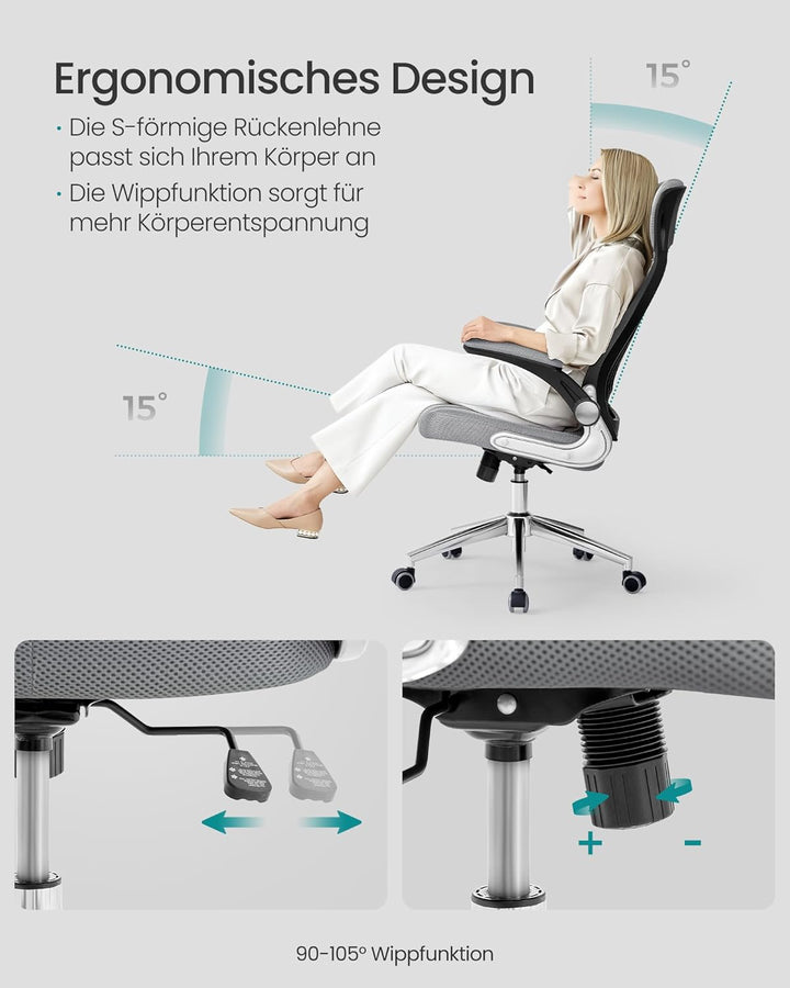 SONGMICS Bürostuhl, Drehstuhl, Chefsessel mit klappbaren Armlehnen, Kopf- und Lendenstütze, neigbar,