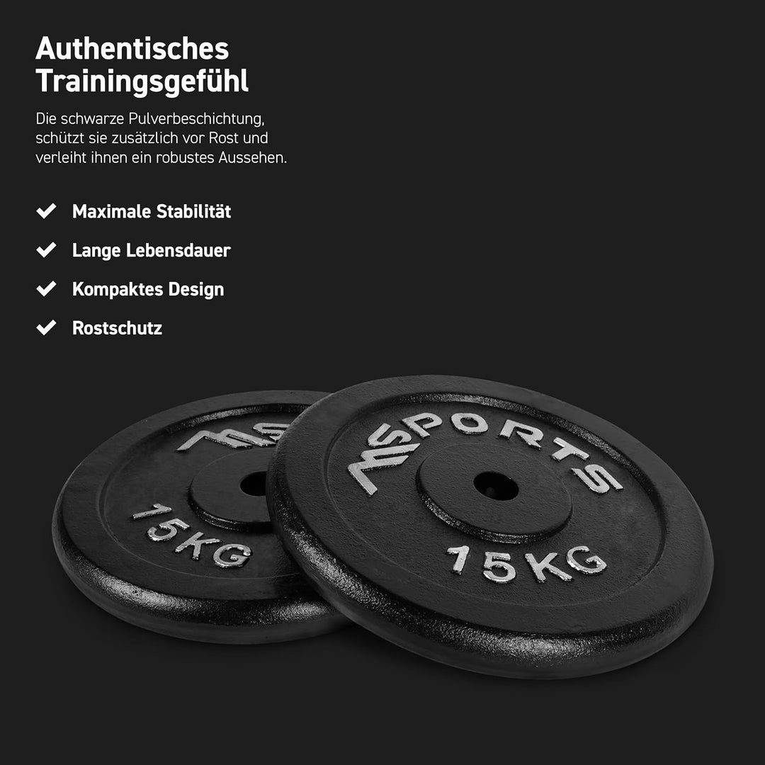 MSPORTS Hantelscheiben Paar Professional aus 100% Gusseisen 5-30 kg Hantel 2 x 15 kg - Schwarz, 2 x