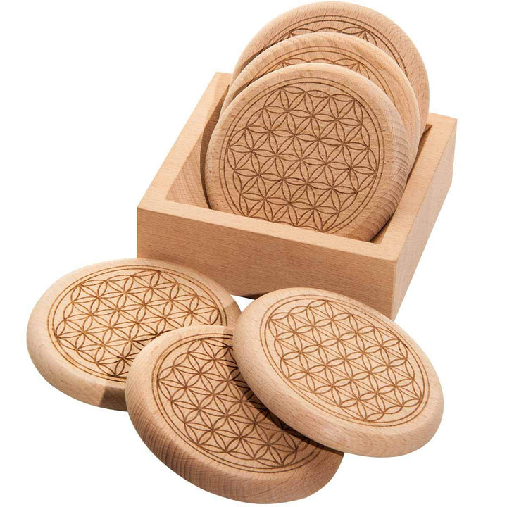 Spruchreif | Glasuntersetzer/Glasabdeckung mit Holz-Ständer | Motiv: Blume des Lebens (6er Set) | Es