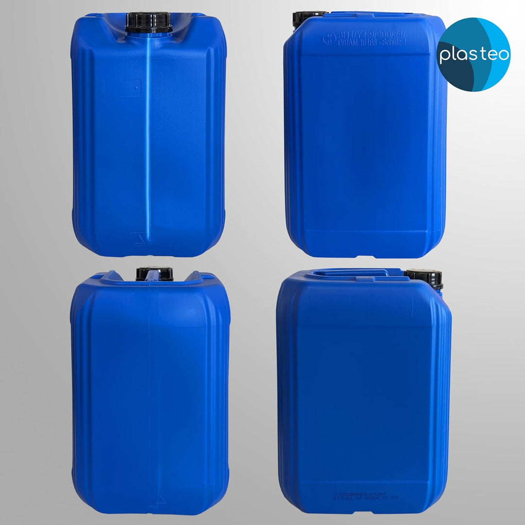 plasteo® 3x 25 Liter Getränke Wasserkanister mit 1 Hahn und 3 Schraubdeckel (DIN 61) | Lebensmittele
