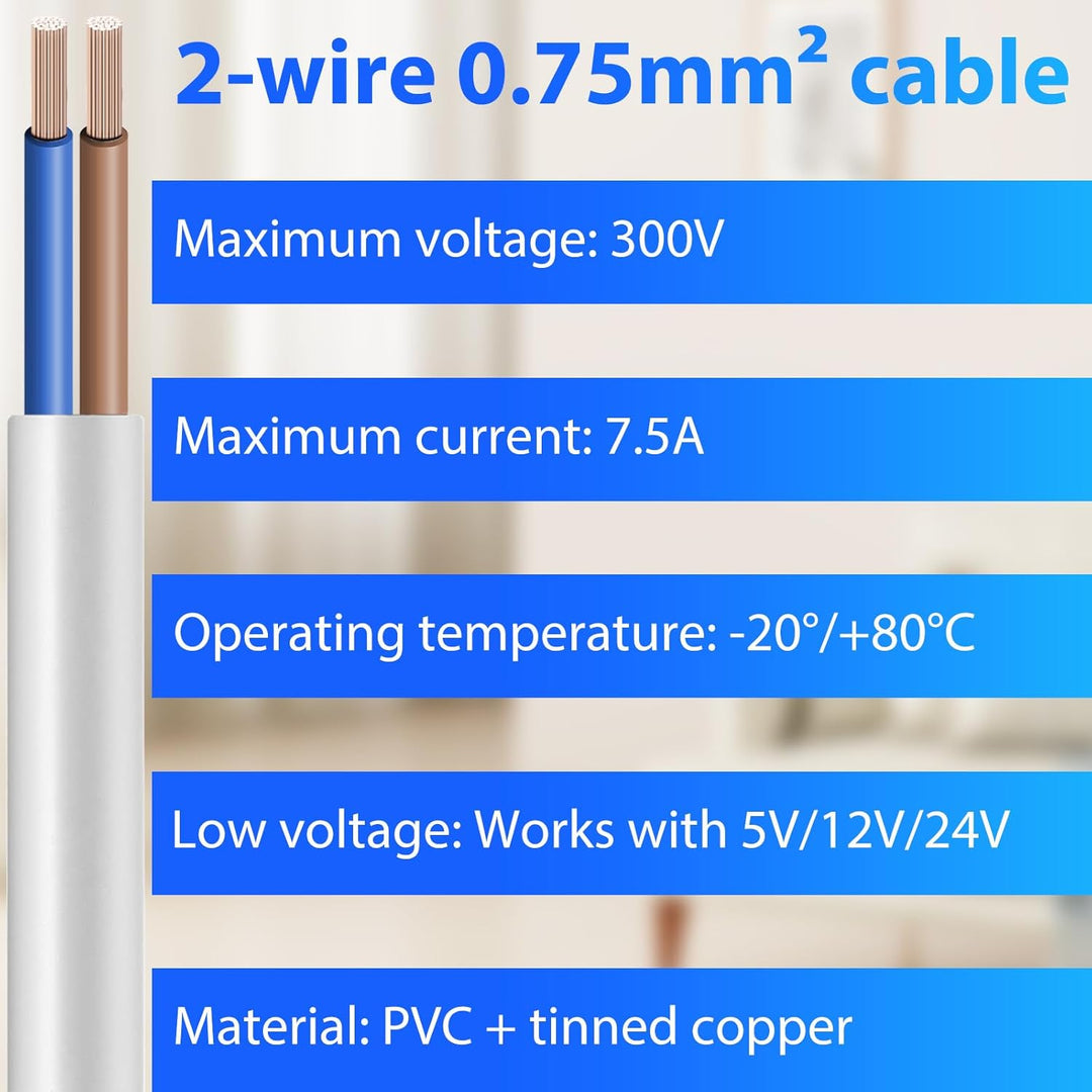 10 Meter 18AWG 2x0,75mm² Elektrischer Draht 2 Adriges Kabel 5V/12V/24V/300V Weiss Verzinntes Kupferk