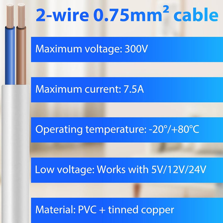 10 Meter 18AWG 2x0,75mm² Elektrischer Draht 2 Adriges Kabel 5V/12V/24V/300V Weiss Verzinntes Kupferk