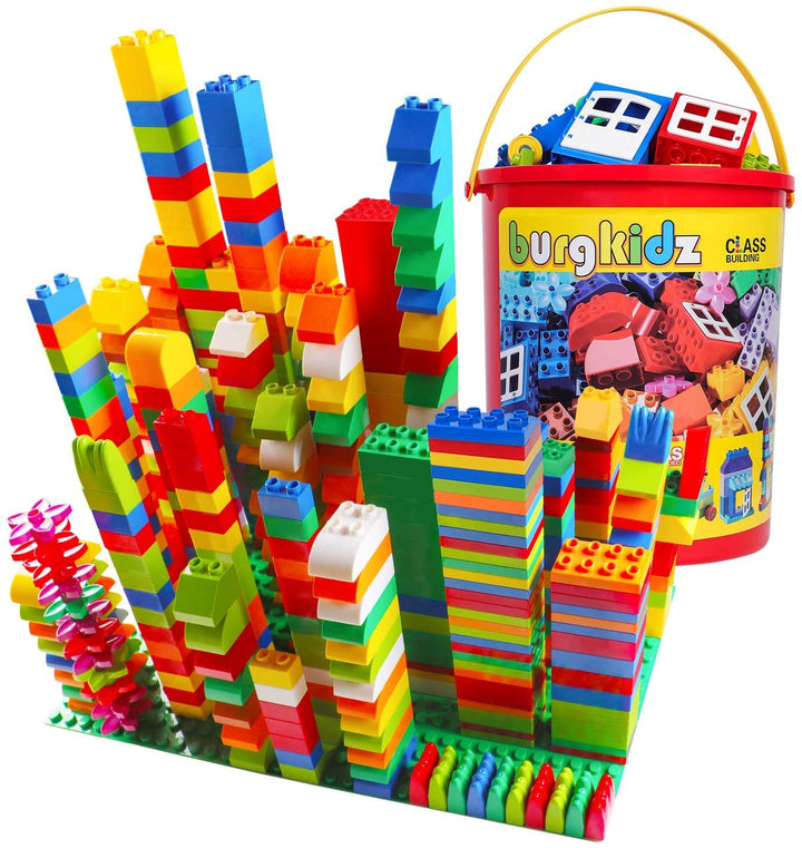 burgkidz Classic Grosse Bausteine Lernspielzeug in Starkem Plastikeimer, 214 Stück Bauklötze Hochbau