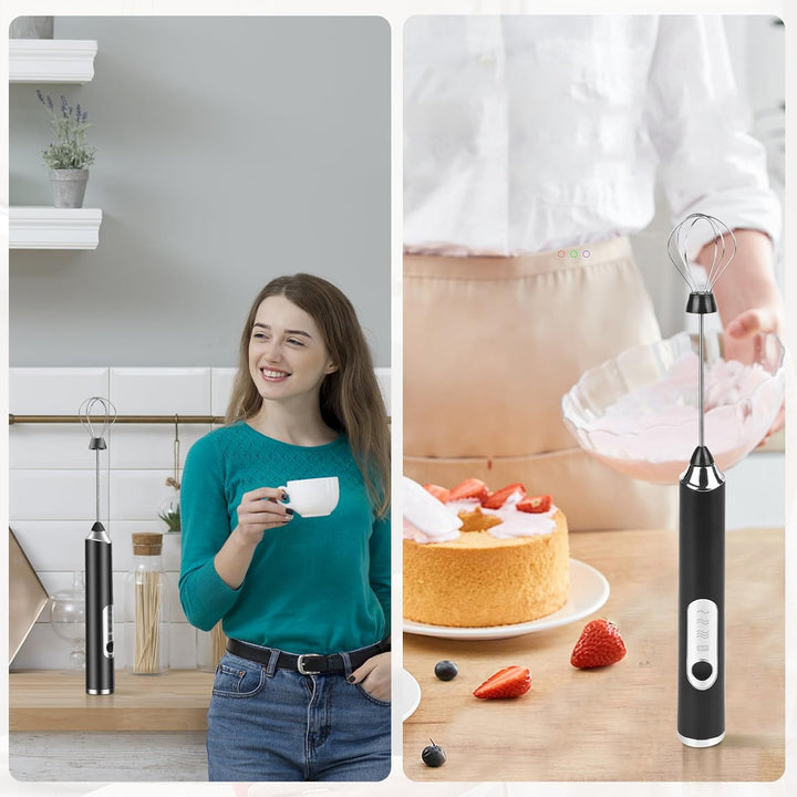 Elektrische Milchaufschäumer Stab Milchschäumer Elektrisch Wiederaufladbar mit 3 Edelstahl-Schneebes