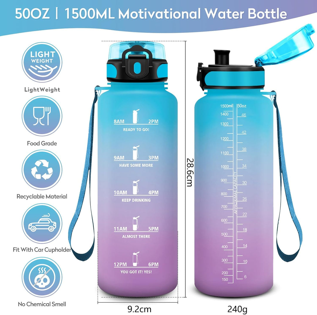 KollyKolla Trinkflasche Kohlensäure Geeignet, 500ml/1L/1.5L, Sport Trinkflasche mit Zeitmarkierung,