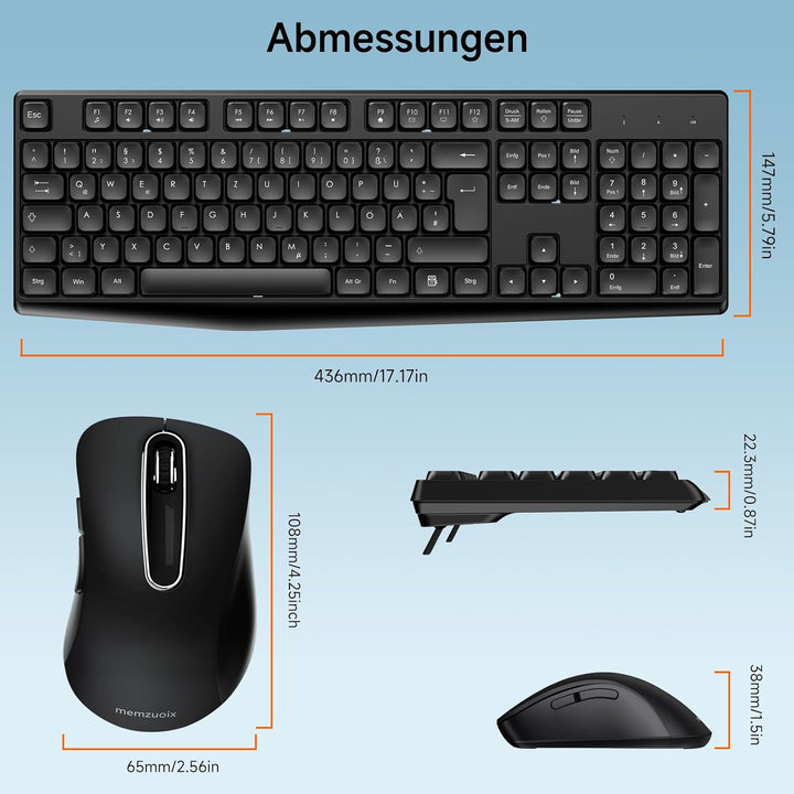 QWERTZ Kabelloses Tastatur Maus Set, Full Size 105-Tasten Tastatur mit Nummernblock, 2.4GHz Funk mit