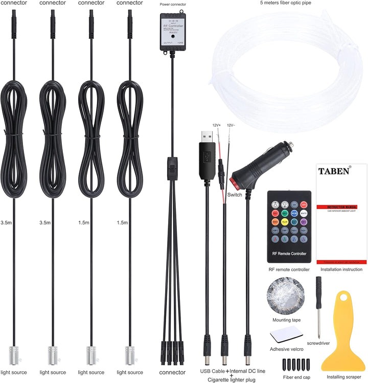TABEN Auto Umgebungslicht RGB Fernbedienung Dekorative Lampe DIY Refit Flexibles Glasfaserrohr 8 Far