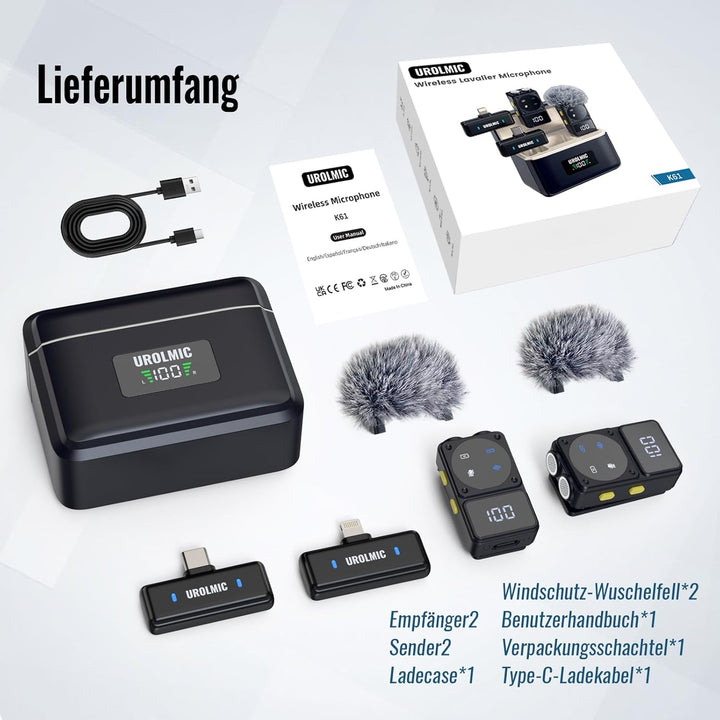 UROLMIC Kabelloses Lavalier Mikrofon mit Digitalem Display & Ladecase, 45H Batterie, 50m Reichweite,