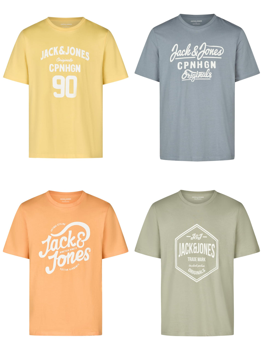 JACK & JONES JJLINO T-Shirt 4er Pack Rundhals Kurzarm Shirt Regular Fit Print Sommer 100% Baumwolle