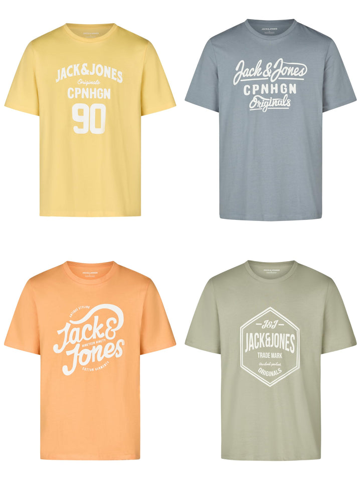 JACK & JONES JJLINO T-Shirt 4er Pack Rundhals Kurzarm Shirt Regular Fit Print Sommer 100% Baumwolle