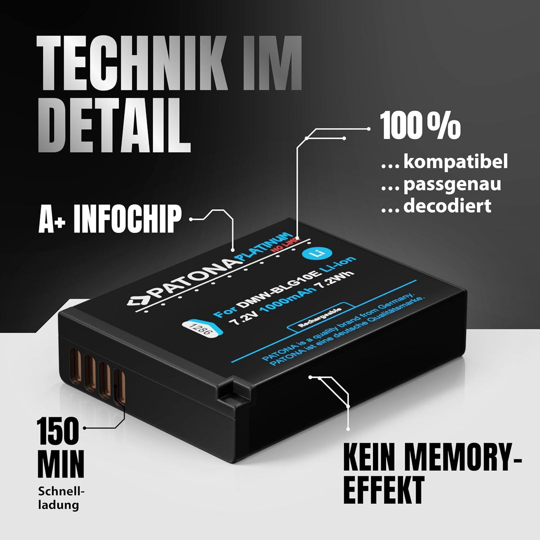 2X PATONA Platinum Akku DMW BLG10 E (1000mAh) - Kompatibel mit Panasonic Lumix DC GX9 TZ202 TZ96 TZ9