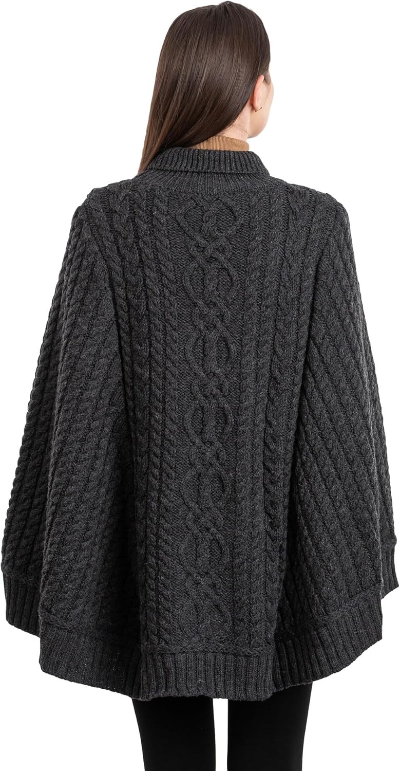 SAOL Zopfmuster Damen Irischer Aran Poncho aus 100% Merinowolle Strickjacke L-XL Dunkelgrau, L-XL Du