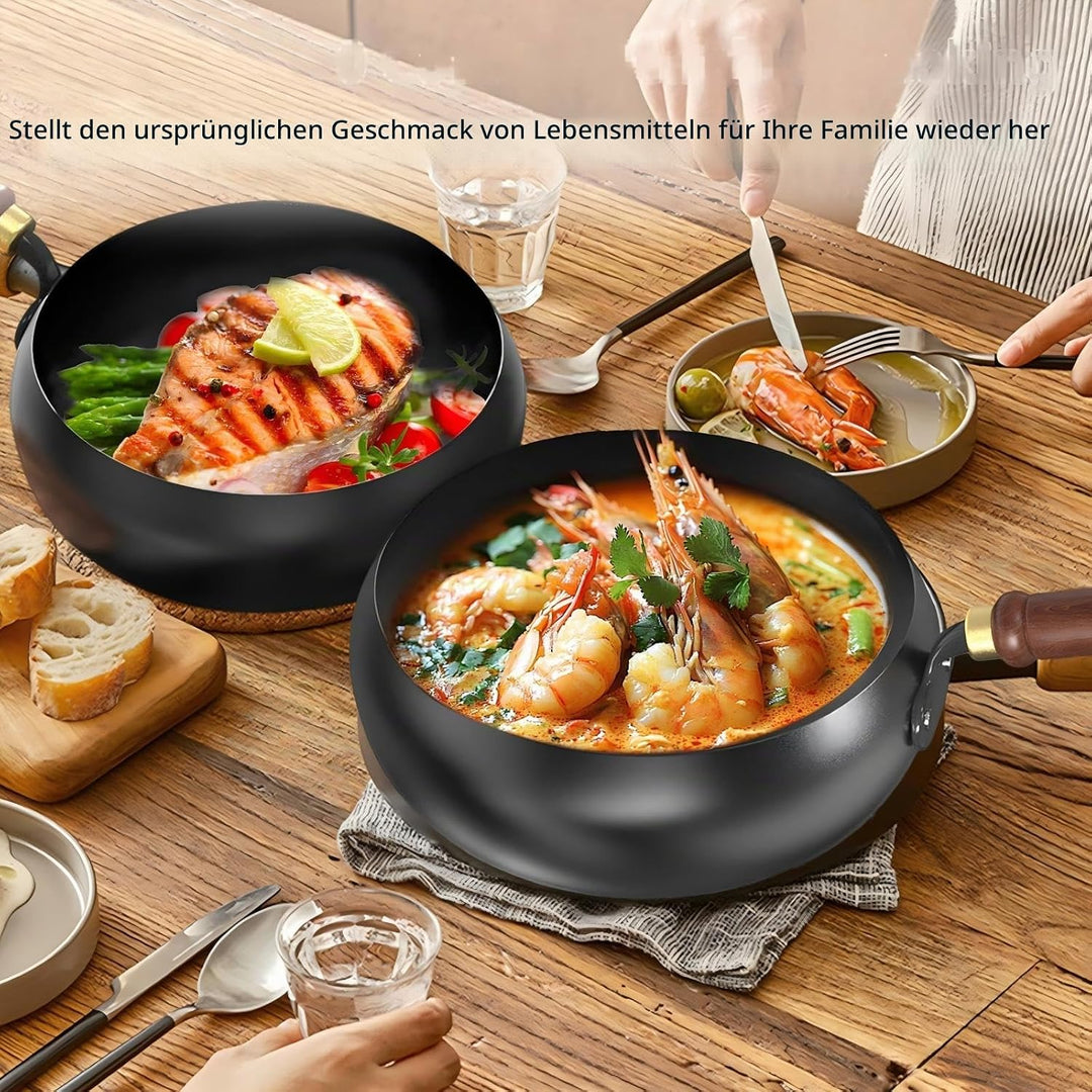 Japanische Handgeschmiedete Eisenpfanne 28cm – Robuste Eisenpfanne mit Holzdeckel &amp; Spatel, Antihaft