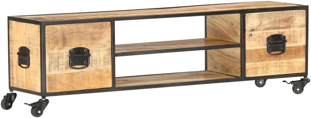 vidaXL Mangoholz Massiv TV Schrank mit 4 Rädern 2 Regalen 2 Schubladen Lowboard Fernsehschrank Ferns