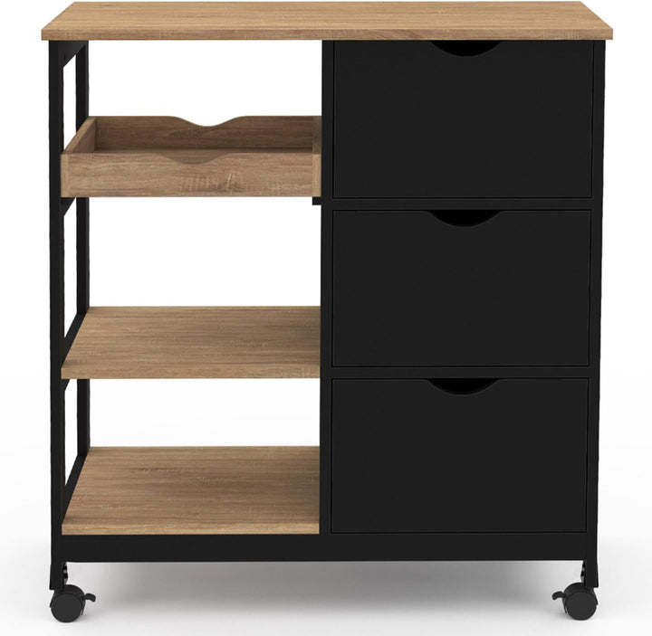 IDMarket - Küchenwagen MUNA 3 Körbe + 1 abnehmbares Tablett schwarz und Bucheffekt B.76 cm
