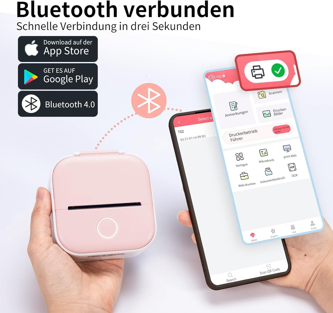 T02 Bluetooth Mini Drucker für Smartphone, tragbarer Fotodrucker fürs Handy, Etikettendrucker, Mobil
