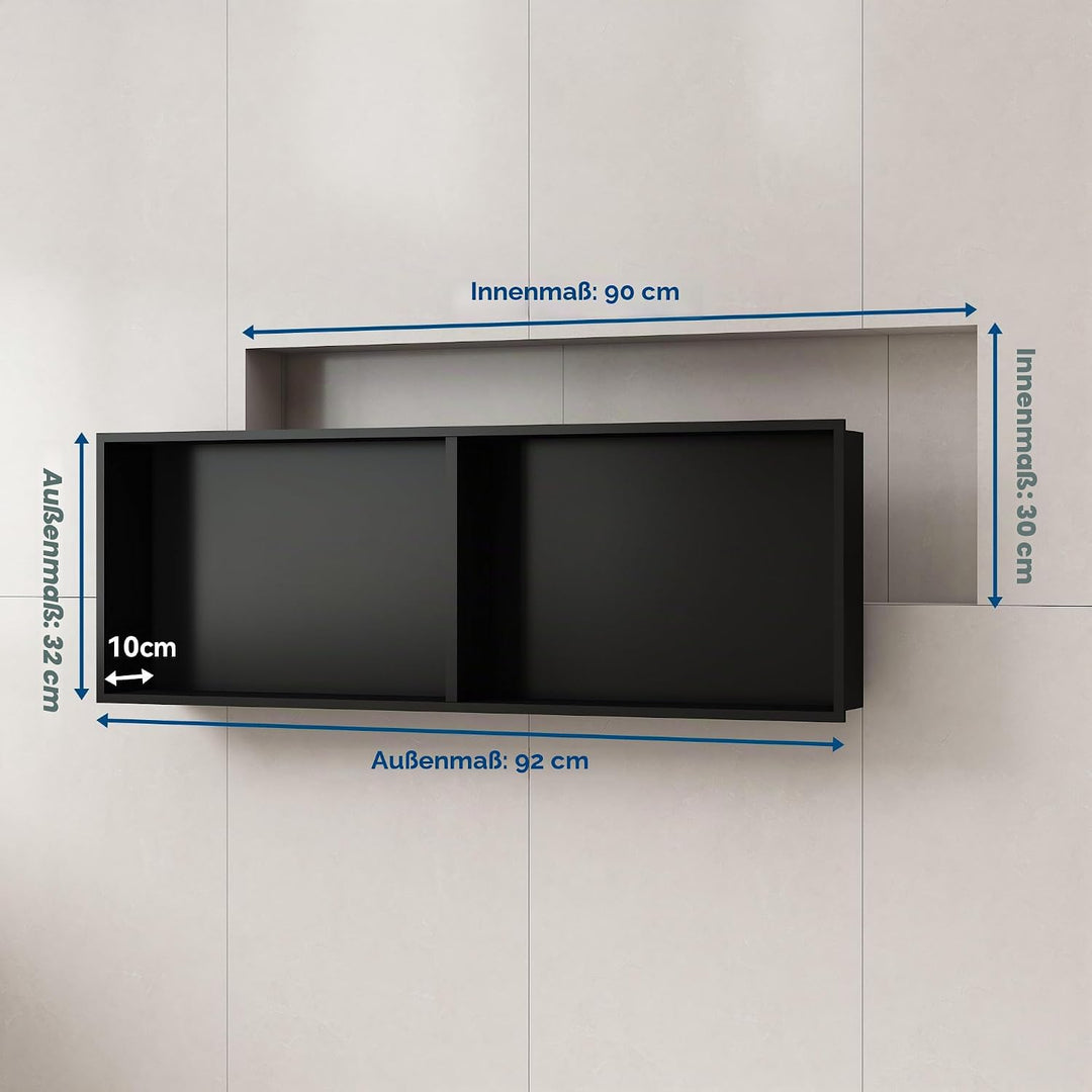 Schwarze Dusch-Wandnische aus Stahl, Badezimmer-Einbaunische 90 × 30 × 10 cm, Rostfrei, Einfache Mon