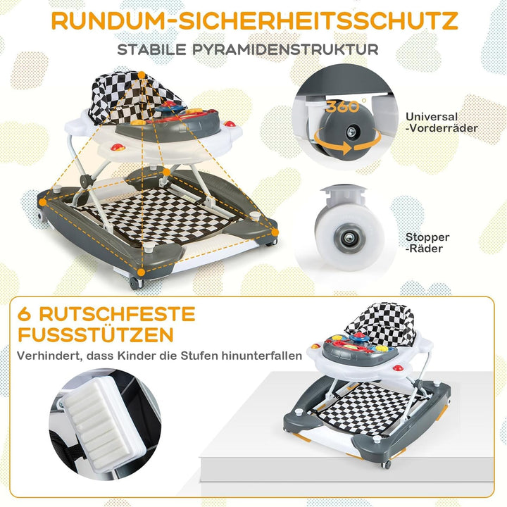 COSTWAY 6 in 1 Lauflernhilfe, Lauflernwagen mit abnehmbarem Spielboard &amp; Fusspolster, Baby Walker hö
